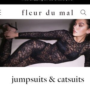 Fleur du Mal Black Sheer Lace Rose Fishnet Silk Catsuit Bodysuit S Costume